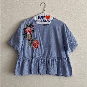 Blue stripe w floral embroidered top